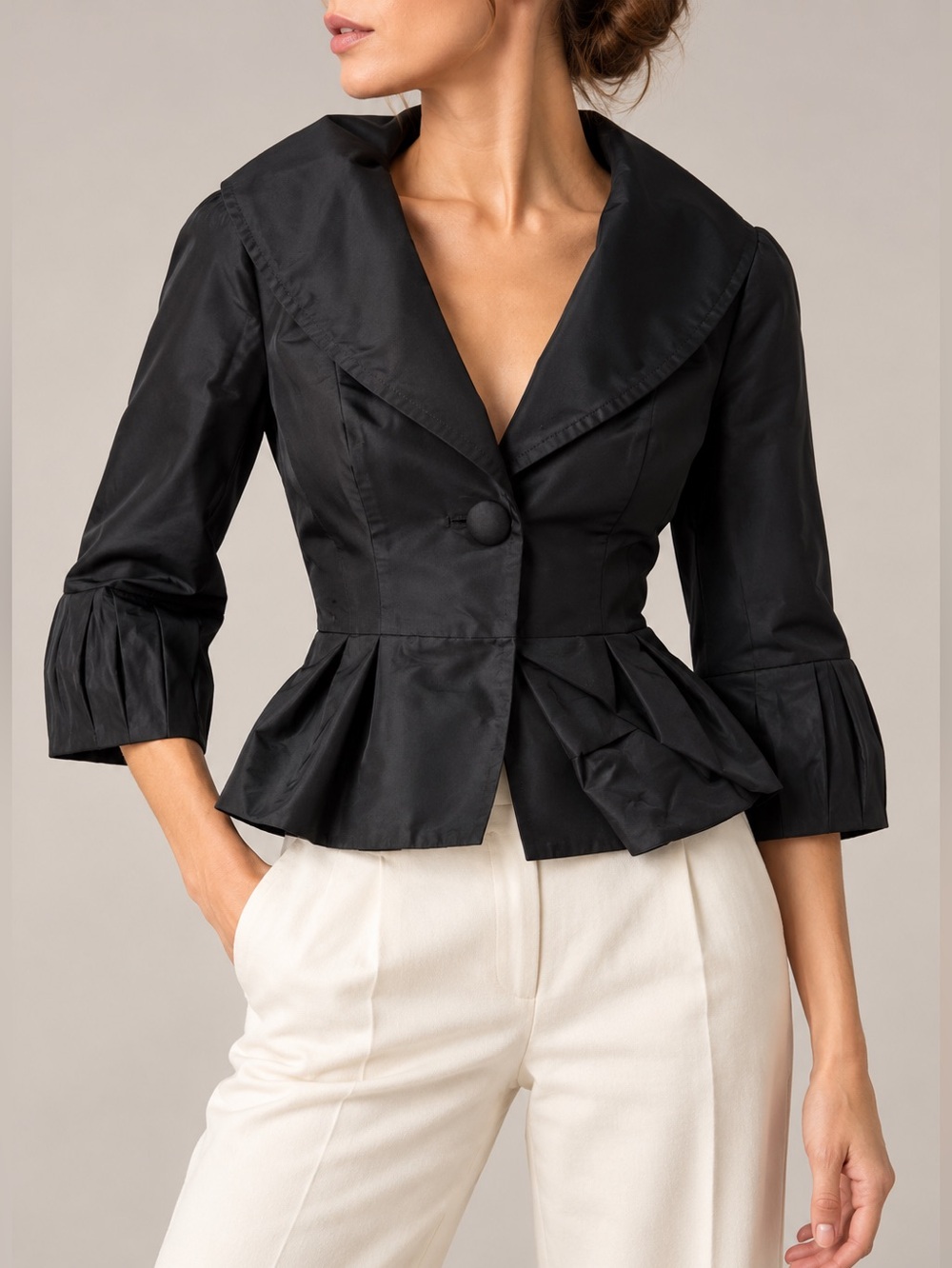 Castle Starr Elegant Black tailored silk - wool blend Women's shawl collar peplu